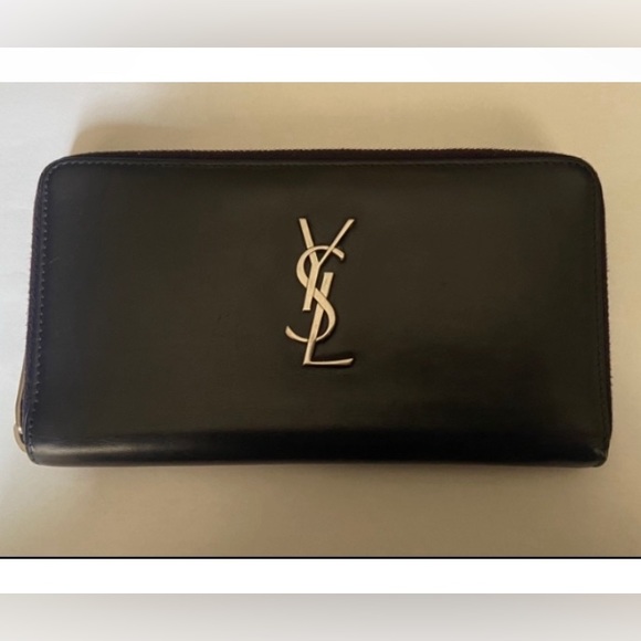 YSL SAINT LAUREN ❤️❤️ ZIP AROUND LONG WALLET BLACK WITH METAL HARDWARE YSL LOGO - Picture 13 of 15